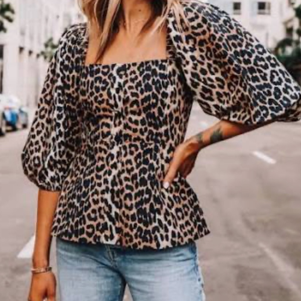 Ganni Leopard Print Puff Sleeve Top